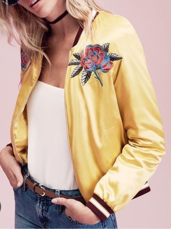 Forever 21 Jackets & Blazers - Forever 21 Yellow Satin Embroidered Bomber Jacket Size Medium